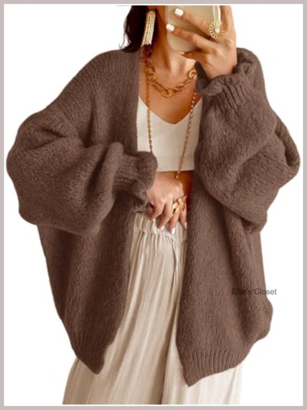 Oversized Chunky Knit Open Front Cardigan Lantern Sleeve Sweater